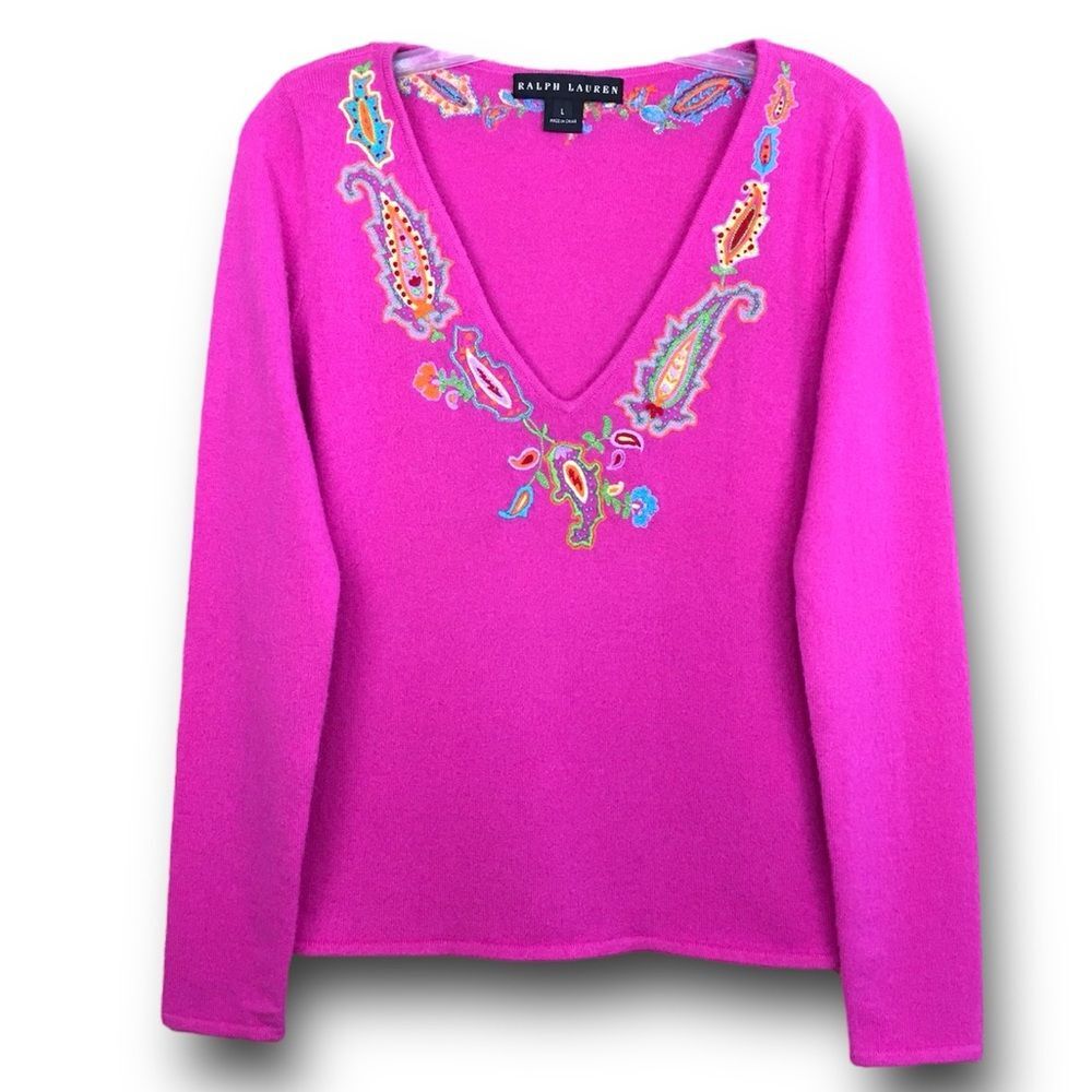 Ralph Lauren Black Lable 100% Cashmere V Neck Paisley Embroidered Sweater Pink L - Picture 4 of 13
